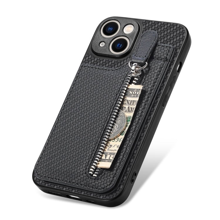 For iPhone 13 Carbon Fiber Vertical Flip Zipper Phone Case