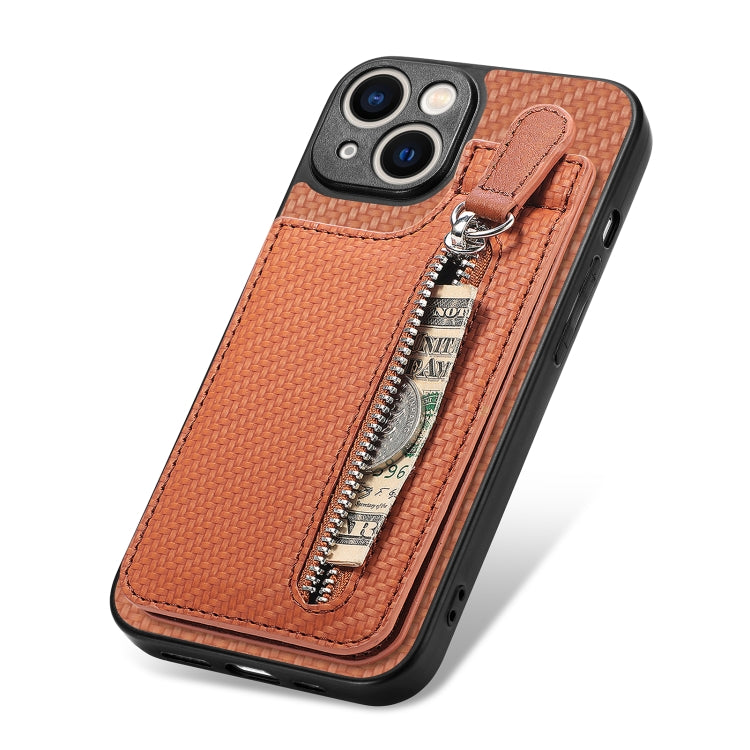 For iPhone 13 Carbon Fiber Vertical Flip Zipper Phone Case