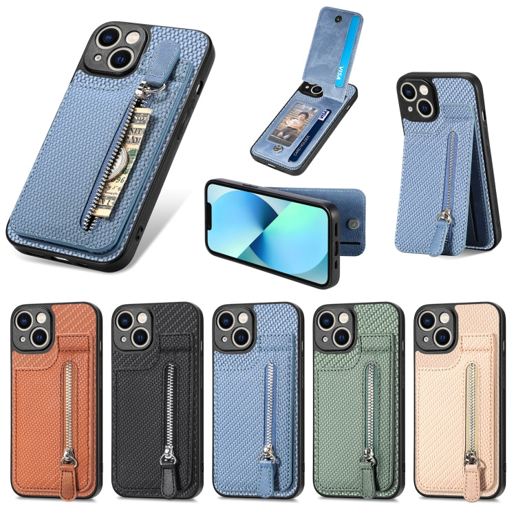 For iPhone 13 Carbon Fiber Vertical Flip Zipper Phone Case