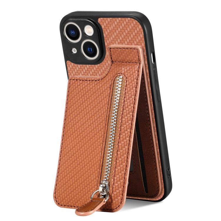 For iPhone 13 mini Carbon Fiber Vertical Flip Zipper Phone Case