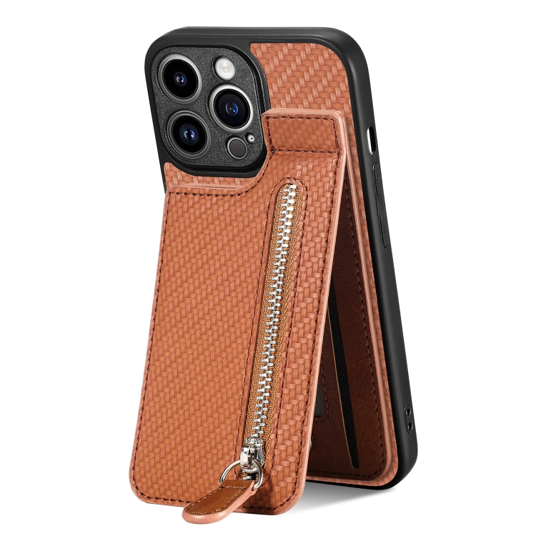 For iPhone 13 Pro Carbon Fiber Vertical Flip Zipper Phone Case