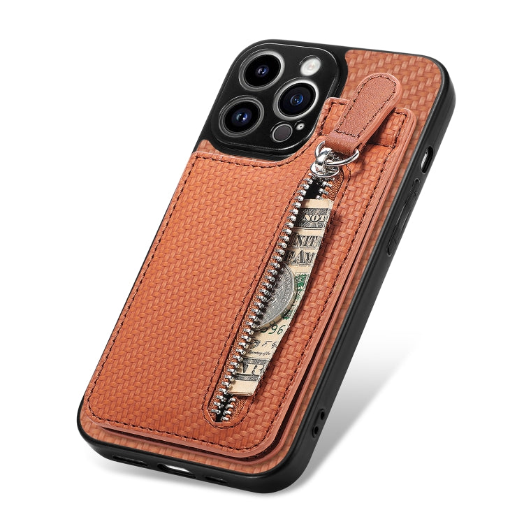 For iPhone 13 Pro Carbon Fiber Vertical Flip Zipper Phone Case