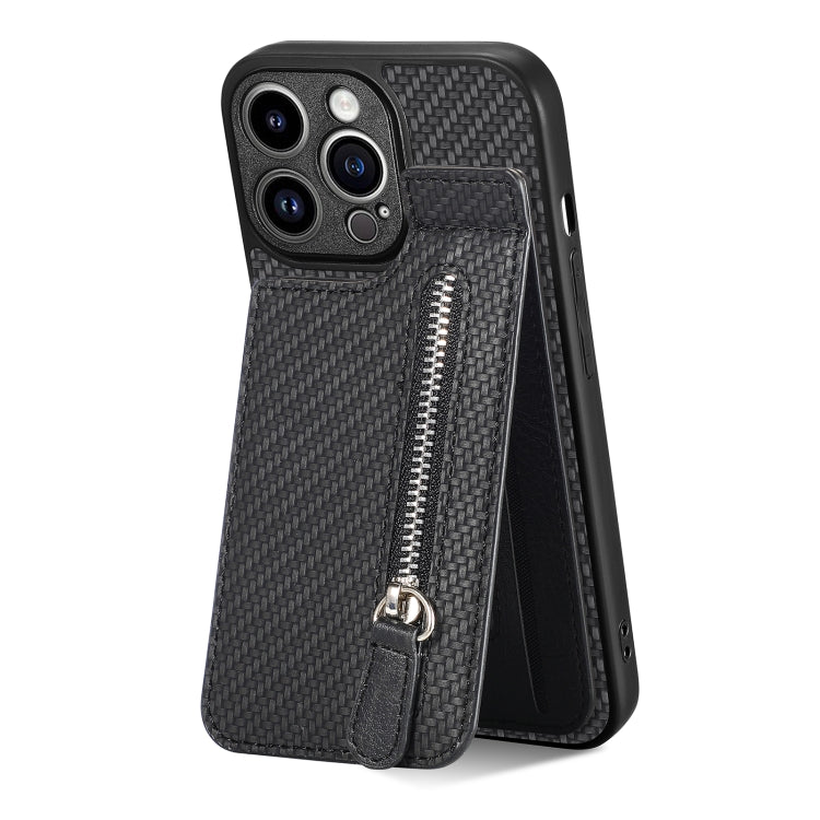 For iPhone 13 Pro Max Carbon Fiber Vertical Flip Zipper Phone Case