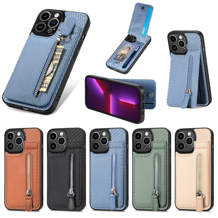 For iPhone 13 Pro Max Carbon Fiber Vertical Flip Zipper Phone Case