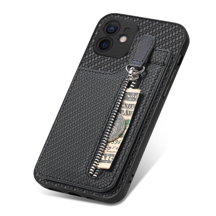 For iPhone 12 Carbon Fiber Vertical Flip Zipper Phone Case