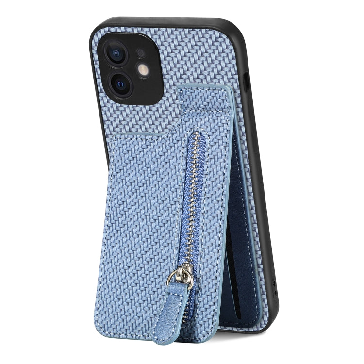 For iPhone 12 Carbon Fiber Vertical Flip Zipper Phone Case