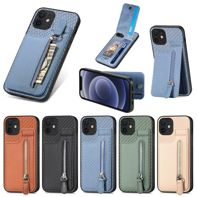 For iPhone 12 Carbon Fiber Vertical Flip Zipper Phone Case