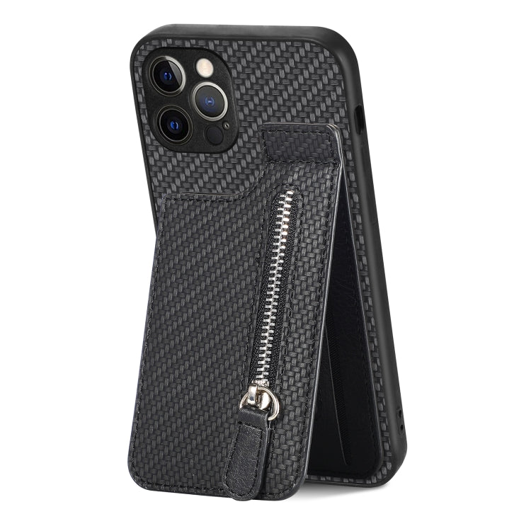 For iPhone 12 Pro Max Carbon Fiber Vertical Flip Zipper Phone Case
