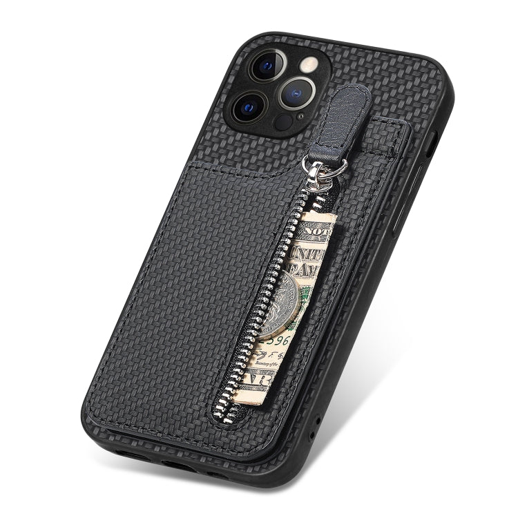 For iPhone 12 Pro Max Carbon Fiber Vertical Flip Zipper Phone Case