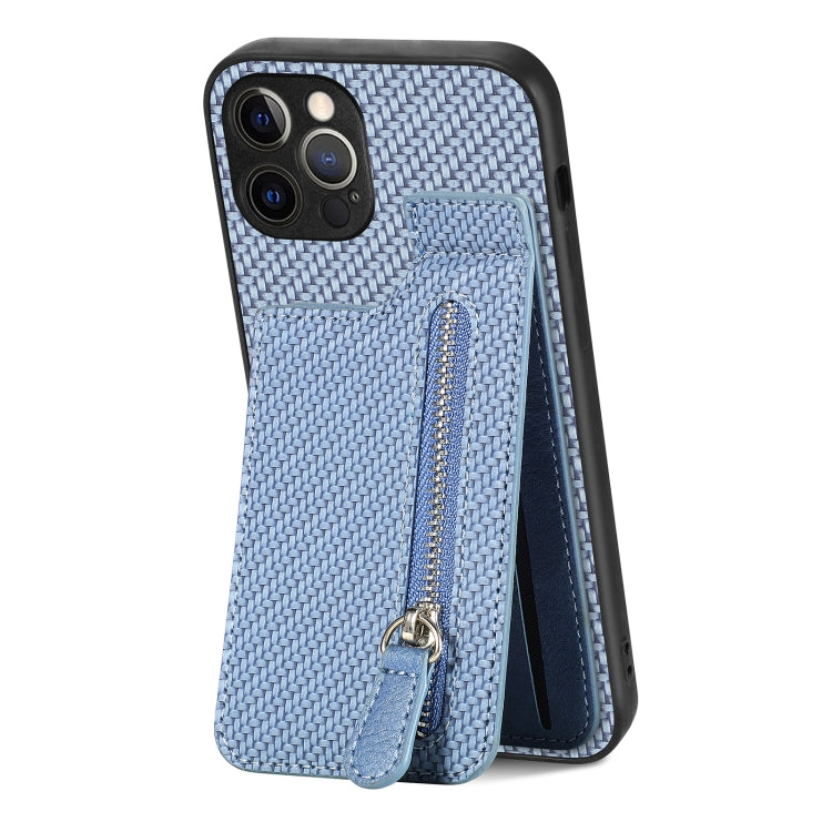 For iPhone 12 Pro Max Carbon Fiber Vertical Flip Zipper Phone Case