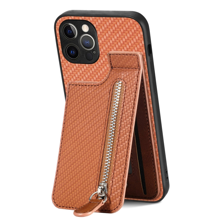 For iPhone 12 Pro Max Carbon Fiber Vertical Flip Zipper Phone Case