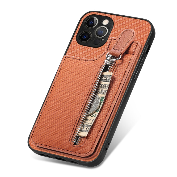 For iPhone 12 Pro Max Carbon Fiber Vertical Flip Zipper Phone Case
