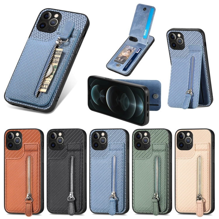 For iPhone 12 Pro Max Carbon Fiber Vertical Flip Zipper Phone Case