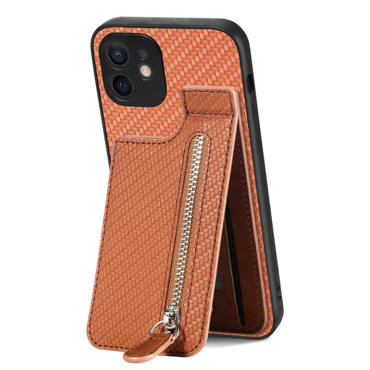 For iPhone 11 Carbon Fiber Vertical Flip Zipper Phone Case