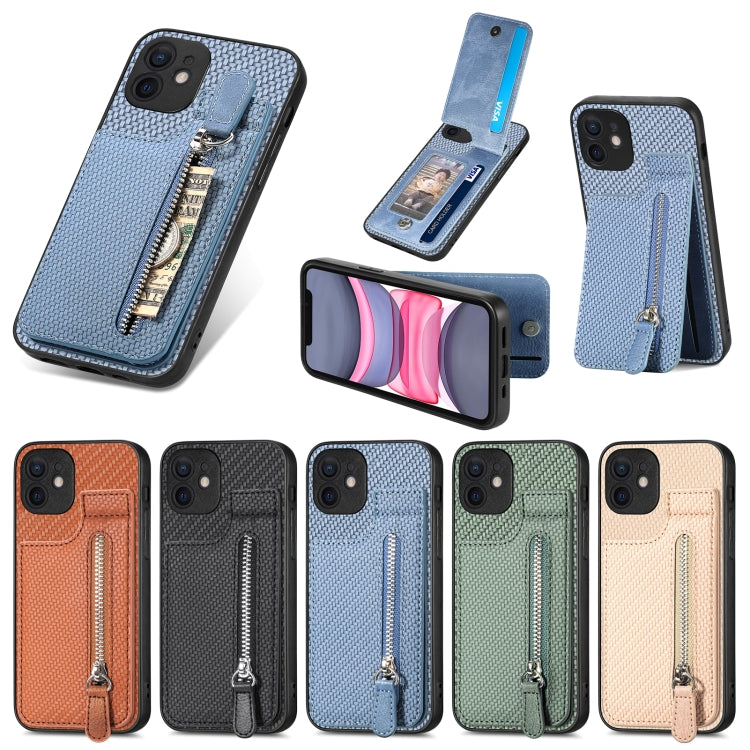 For iPhone 11 Carbon Fiber Vertical Flip Zipper Phone Case