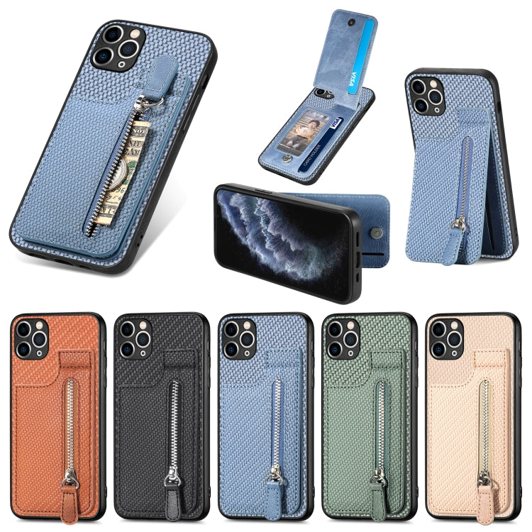 For iPhone 11 Pro Carbon Fiber Vertical Flip Zipper Phone Case