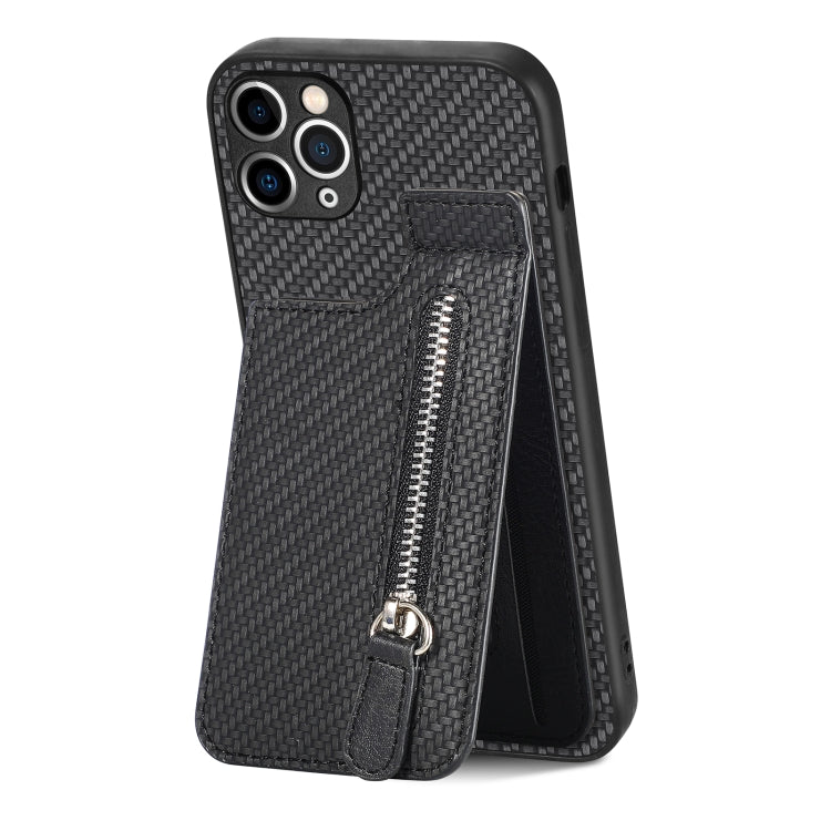 For iPhone 11 Pro Max Carbon Fiber Vertical Flip Zipper Phone Case
