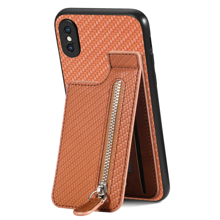 For iPhone X / XS Carbon Fiber Vertical Flip Zipper Phone Case