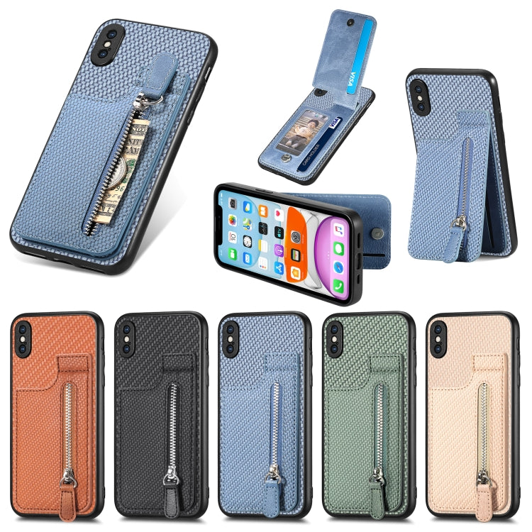 For iPhone X / XS Carbon Fiber Vertical Flip Zipper Phone Case