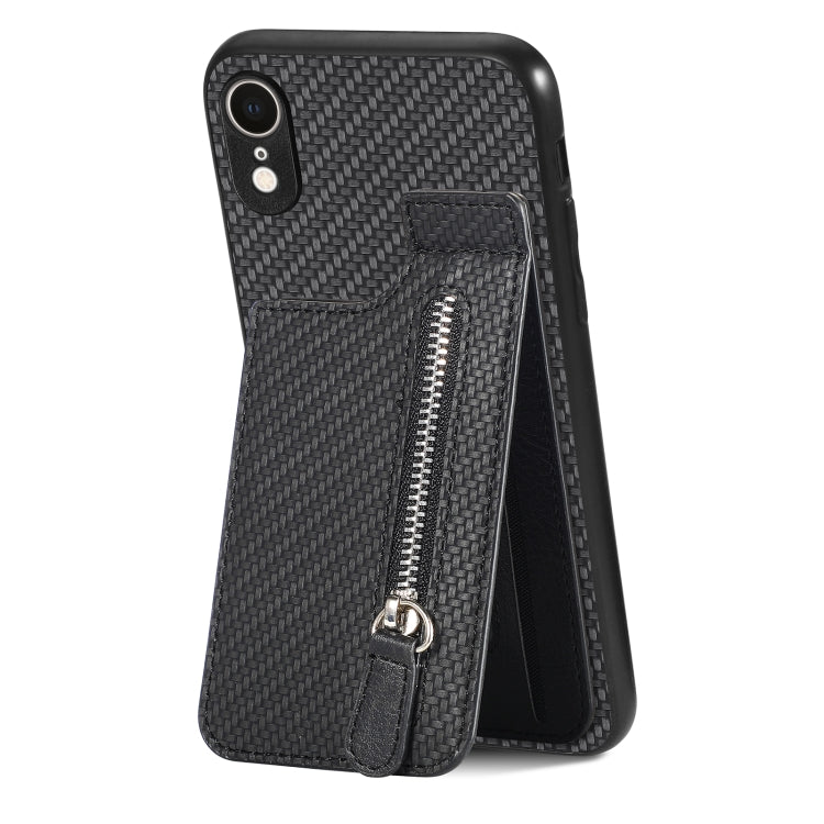For iPhone XR Carbon Fiber Vertical Flip Zipper Phone Case