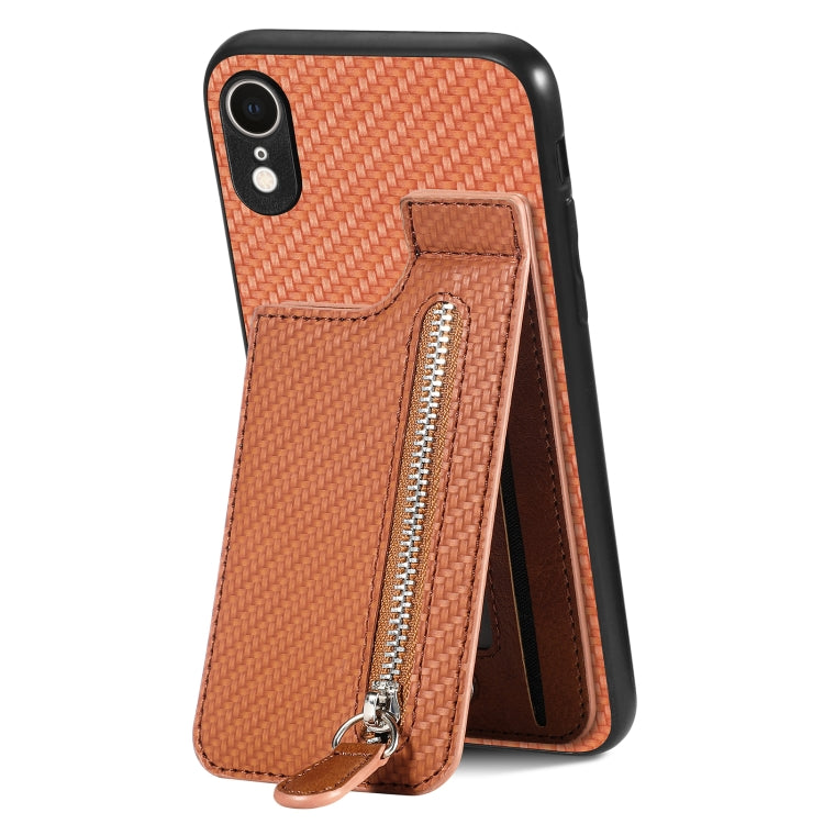 For iPhone XR Carbon Fiber Vertical Flip Zipper Phone Case