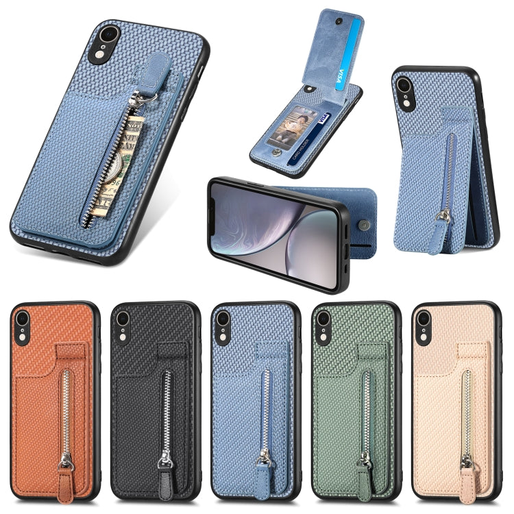 For iPhone XR Carbon Fiber Vertical Flip Zipper Phone Case