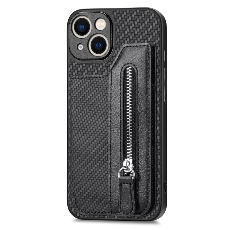 For iPhone 14 Carbon Fiber Horizontal Flip Zipper Wallet Phone Case