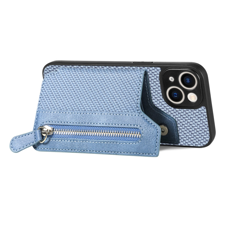 For iPhone 14 Carbon Fiber Horizontal Flip Zipper Wallet Phone Case