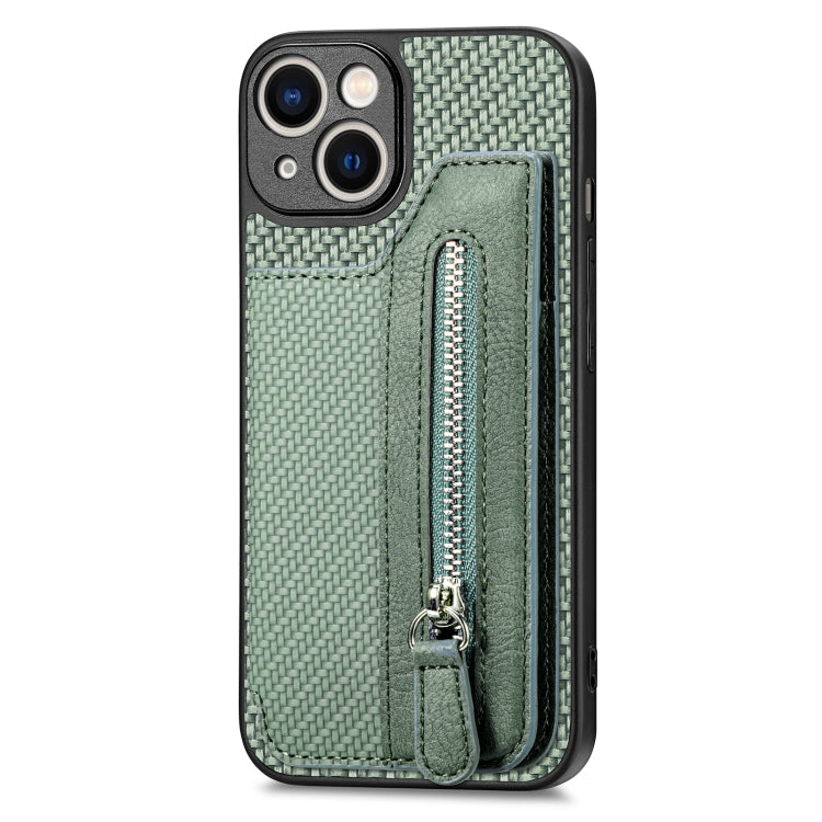 For iPhone 14 Carbon Fiber Horizontal Flip Zipper Wallet Phone Case