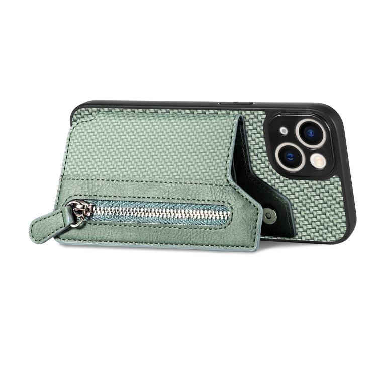 For iPhone 14 Carbon Fiber Horizontal Flip Zipper Wallet Phone Case