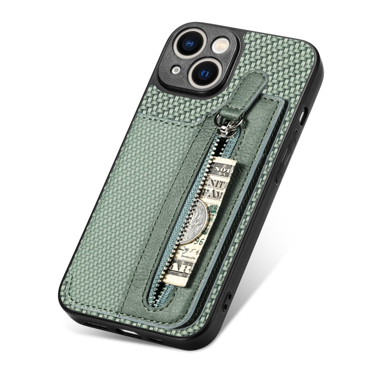 For iPhone 14 Carbon Fiber Horizontal Flip Zipper Wallet Phone Case