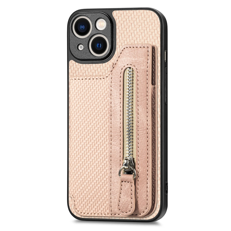 For iPhone 14 Carbon Fiber Horizontal Flip Zipper Wallet Phone Case