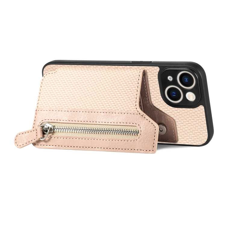 For iPhone 14 Carbon Fiber Horizontal Flip Zipper Wallet Phone Case