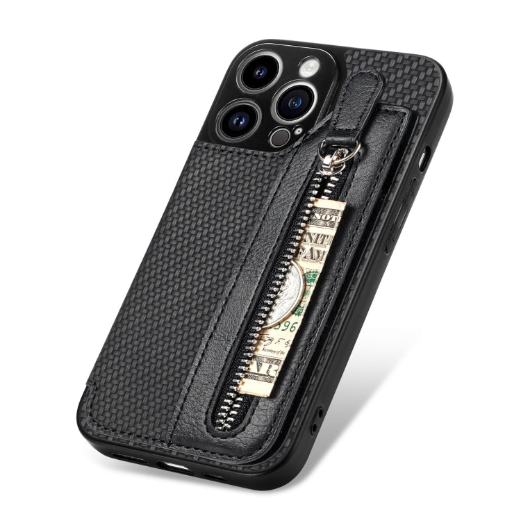 For iPhone 14 Pro Carbon Fiber Horizontal Flip Zipper Wallet Phone Case