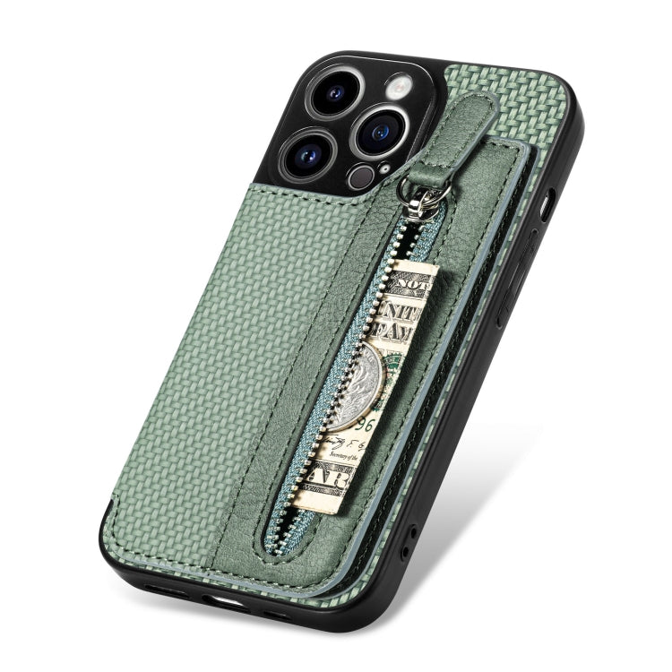 For iPhone 14 Pro Carbon Fiber Horizontal Flip Zipper Wallet Phone Case
