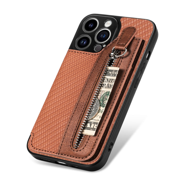 For iPhone 14 Pro Carbon Fiber Horizontal Flip Zipper Wallet Phone Case