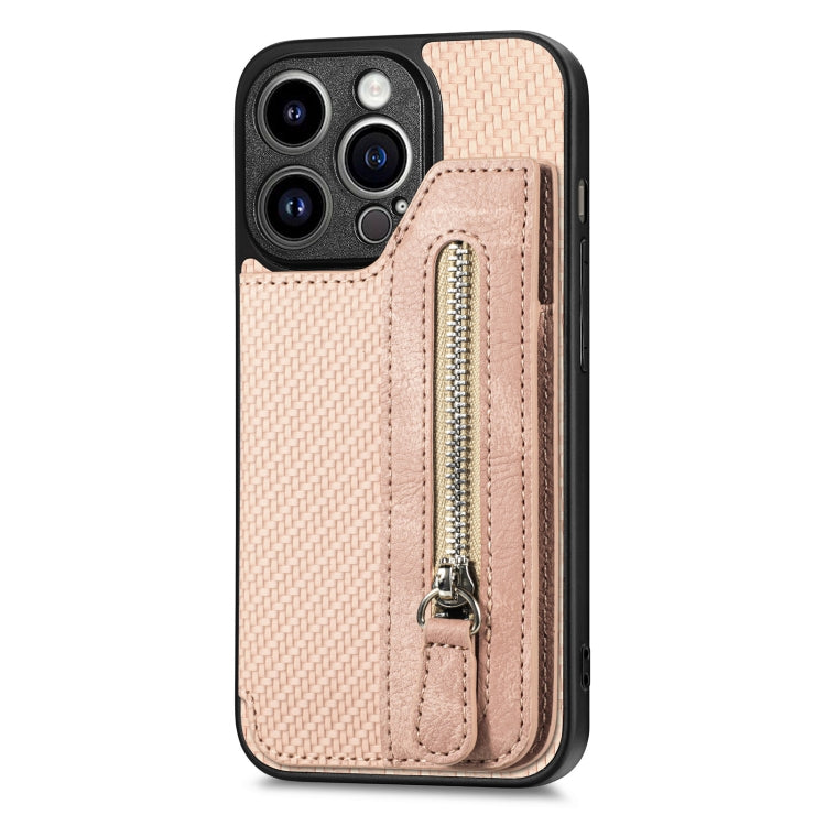 For iPhone 14 Pro Carbon Fiber Horizontal Flip Zipper Wallet Phone Case
