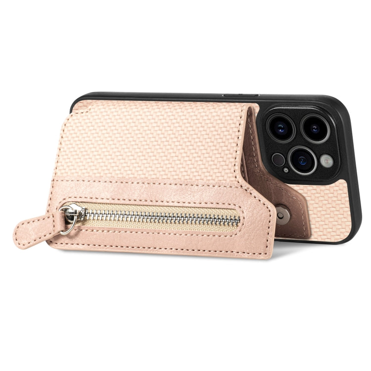 For iPhone 14 Pro Carbon Fiber Horizontal Flip Zipper Wallet Phone Case