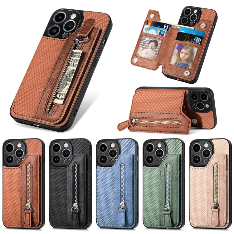 For iPhone 14 Pro Carbon Fiber Horizontal Flip Zipper Wallet Phone Case