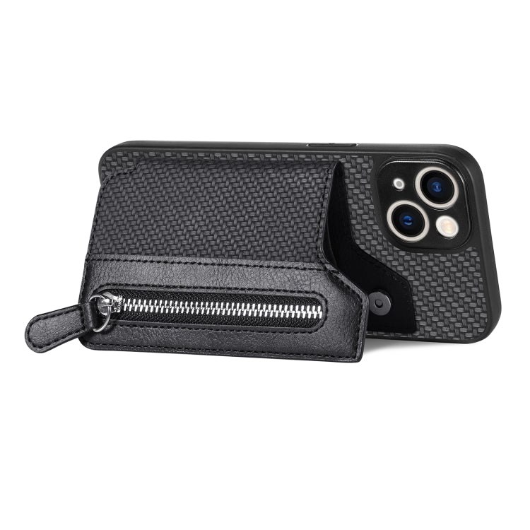 For iPhone 14 Plus Carbon Fiber Horizontal Flip Zipper Wallet Phone Case