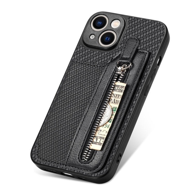 For iPhone 14 Plus Carbon Fiber Horizontal Flip Zipper Wallet Phone Case