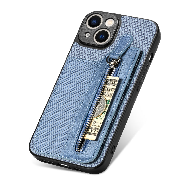 For iPhone 14 Plus Carbon Fiber Horizontal Flip Zipper Wallet Phone Case
