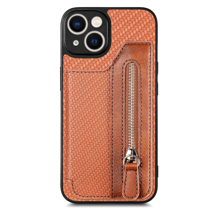 For iPhone 14 Plus Carbon Fiber Horizontal Flip Zipper Wallet Phone Case