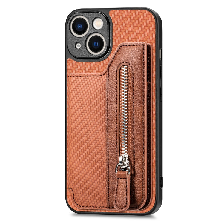 For iPhone 14 Plus Carbon Fiber Horizontal Flip Zipper Wallet Phone Case