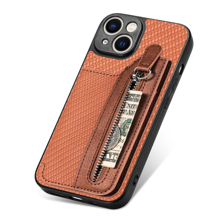 For iPhone 14 Plus Carbon Fiber Horizontal Flip Zipper Wallet Phone Case