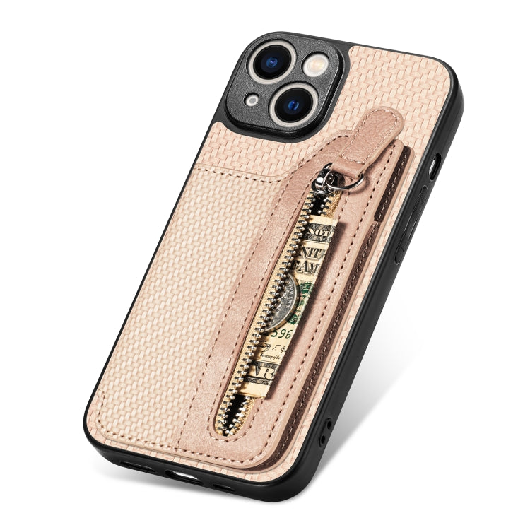 For iPhone 14 Plus Carbon Fiber Horizontal Flip Zipper Wallet Phone Case