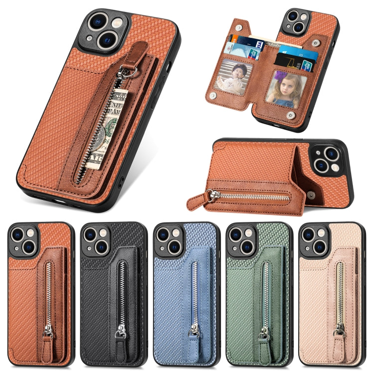 For iPhone 14 Plus Carbon Fiber Horizontal Flip Zipper Wallet Phone Case