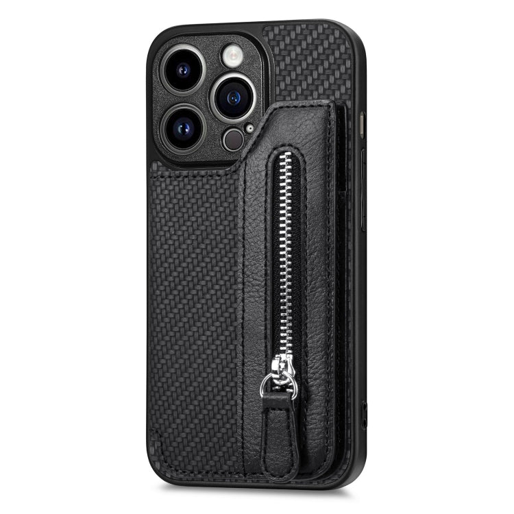 For iPhone 14 Pro Max Carbon Fiber Horizontal Flip Zipper Wallet Phone Case