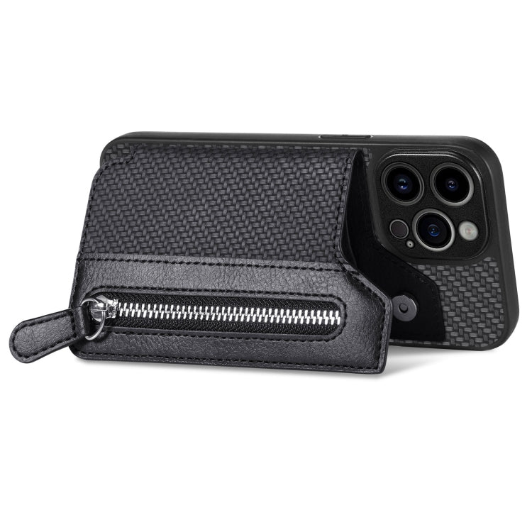 For iPhone 14 Pro Max Carbon Fiber Horizontal Flip Zipper Wallet Phone Case