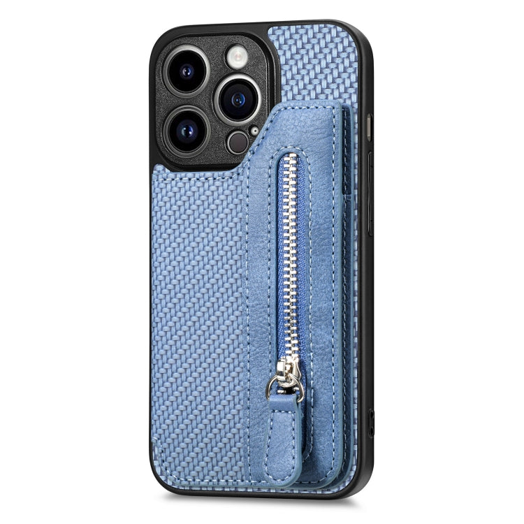 For iPhone 14 Pro Max Carbon Fiber Horizontal Flip Zipper Wallet Phone Case